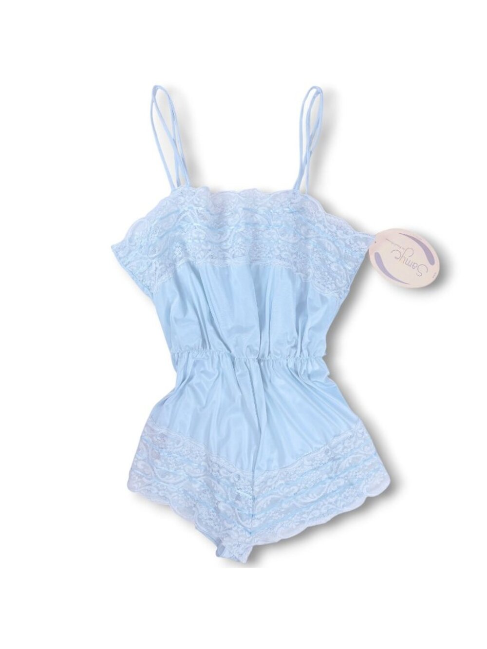 Vintage NWT NOS 1980s 80s  Womens Baby Blue Lace Lingerie Romper Medium / M